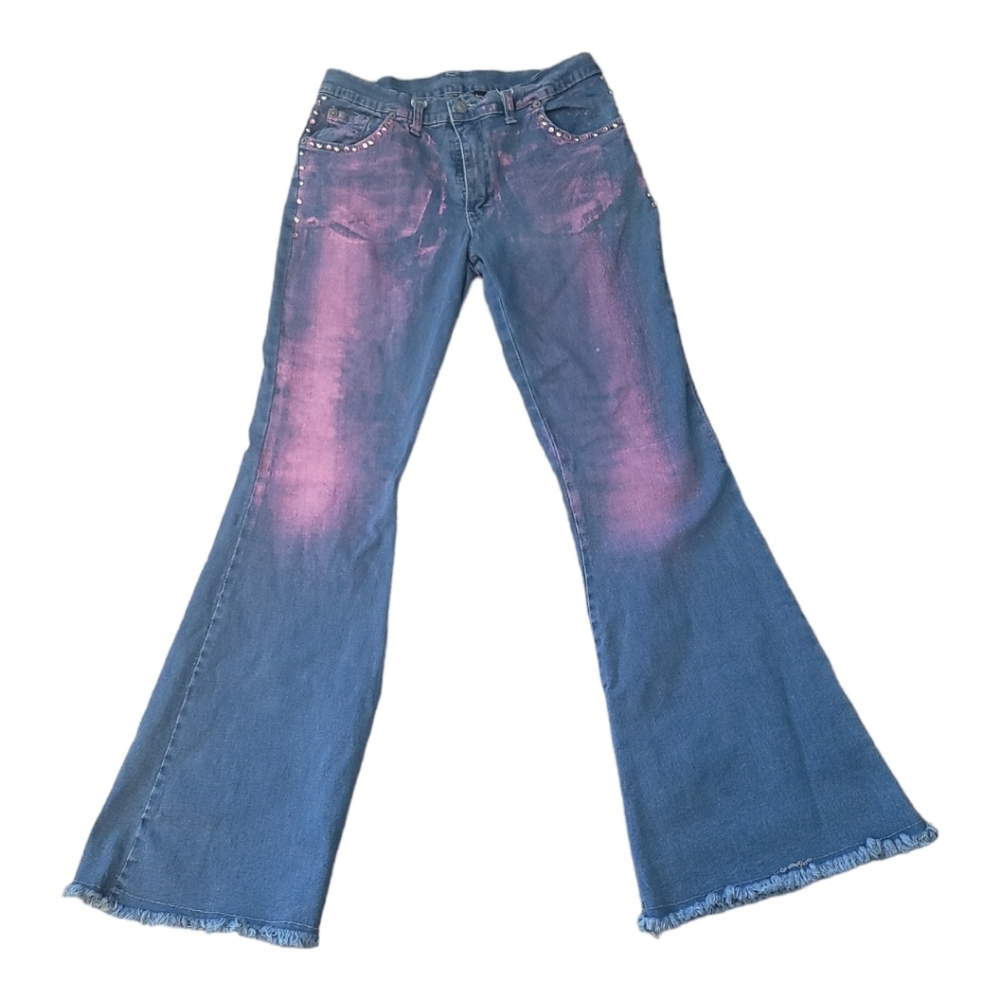Rare  bebe NWOT HTF Vintage Low Rise Bell Bottom Pink Accent Rhinestone Jeans